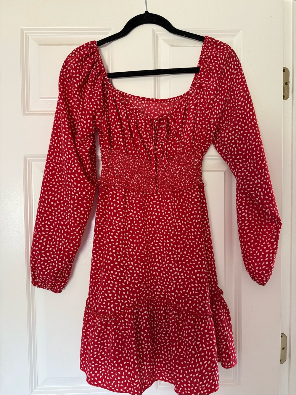 Amazon Red Long Sleeve Smocked Waist Mini Dress with White Dot Print